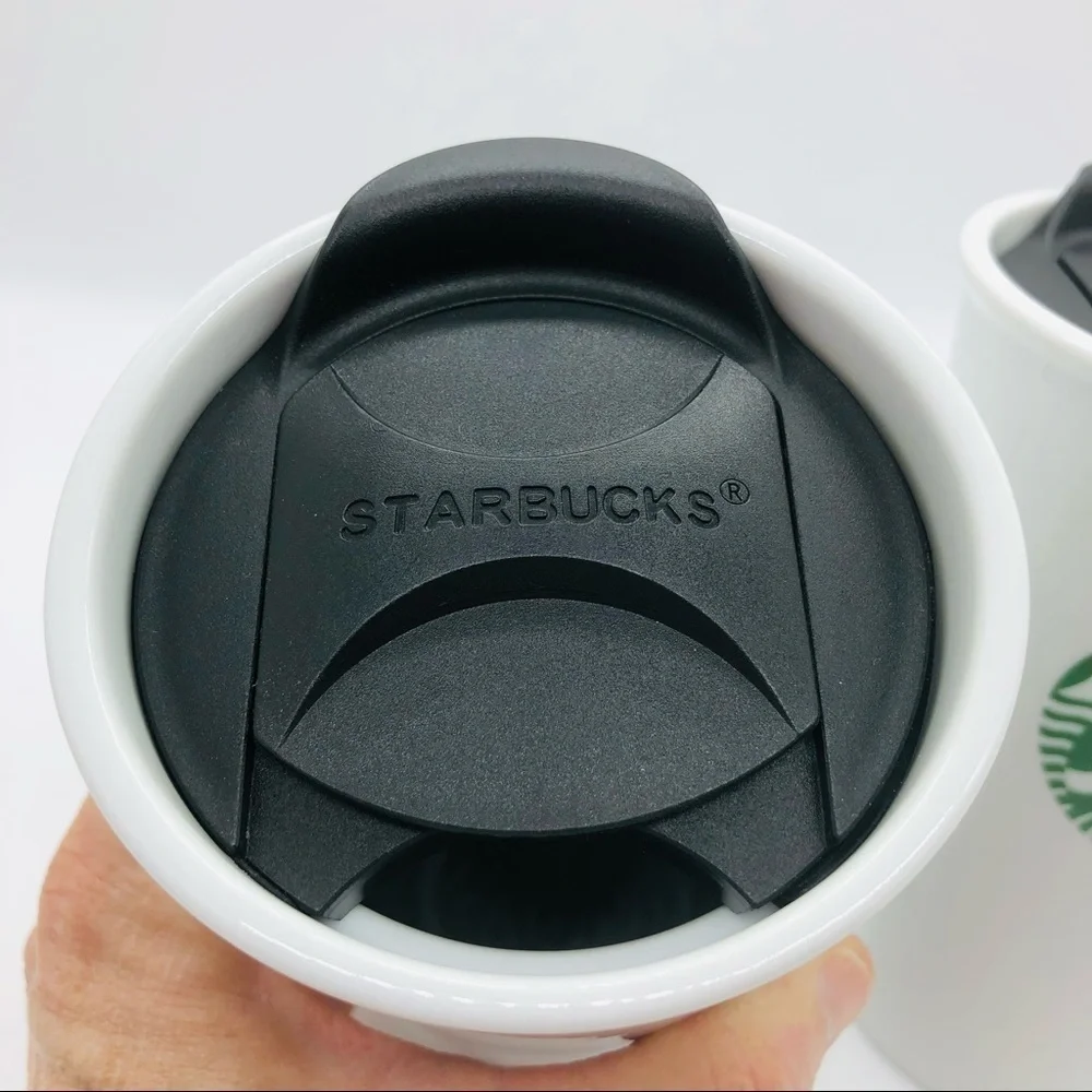 Starbucks set of 2 ceramic 10 ounce travel tumbler with black sliding lids
